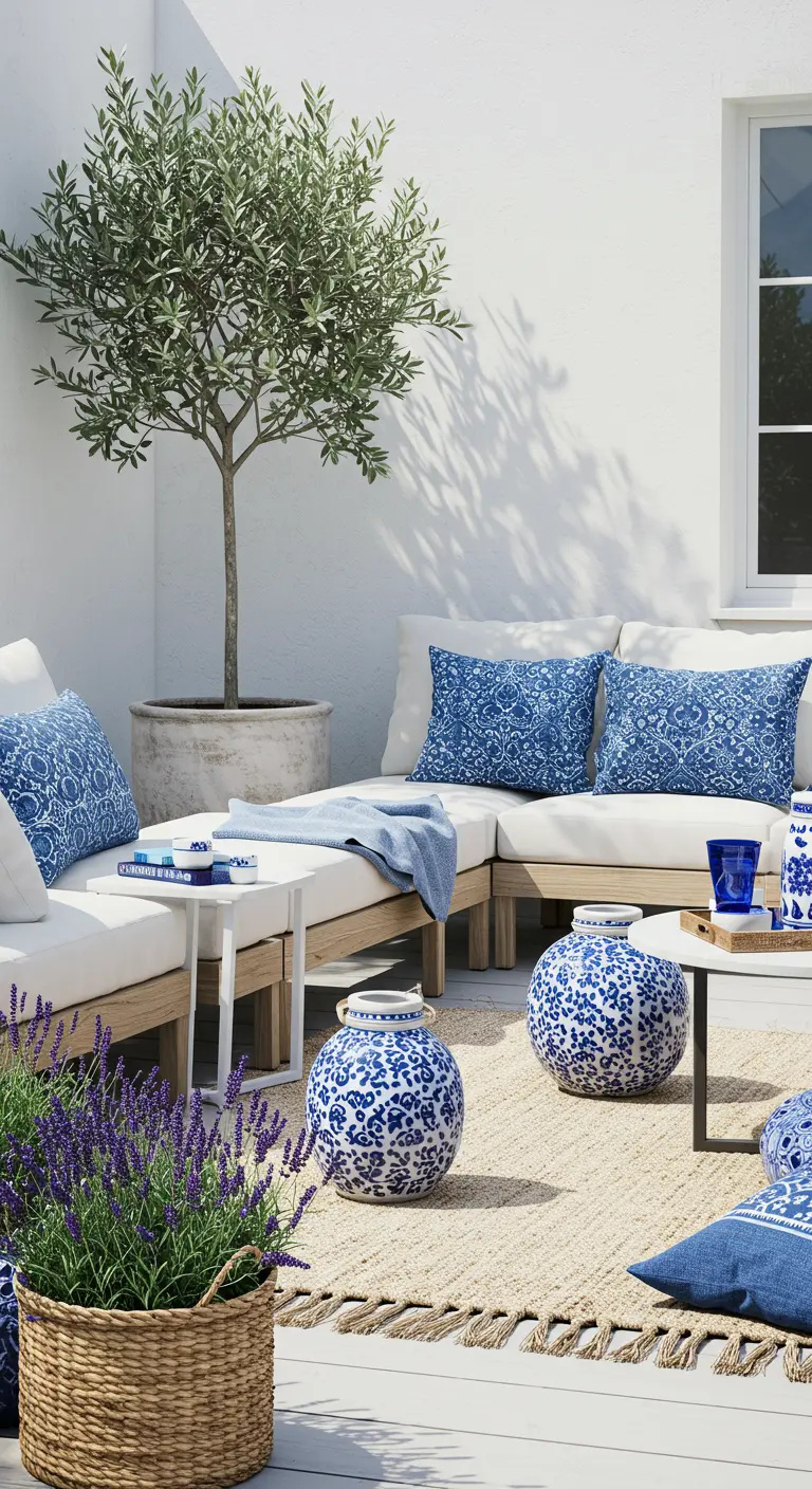 Terraza con sofás blancos, cojines y cerámica con patrones azules, y un olivo en maceta