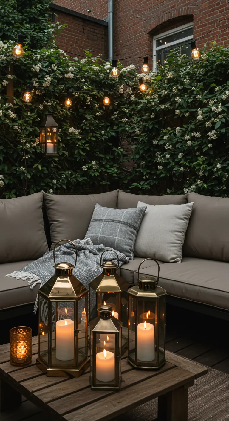 Terraza moderna con un sofá modular, cojines grises y un grupo de faroles dorados con velas.