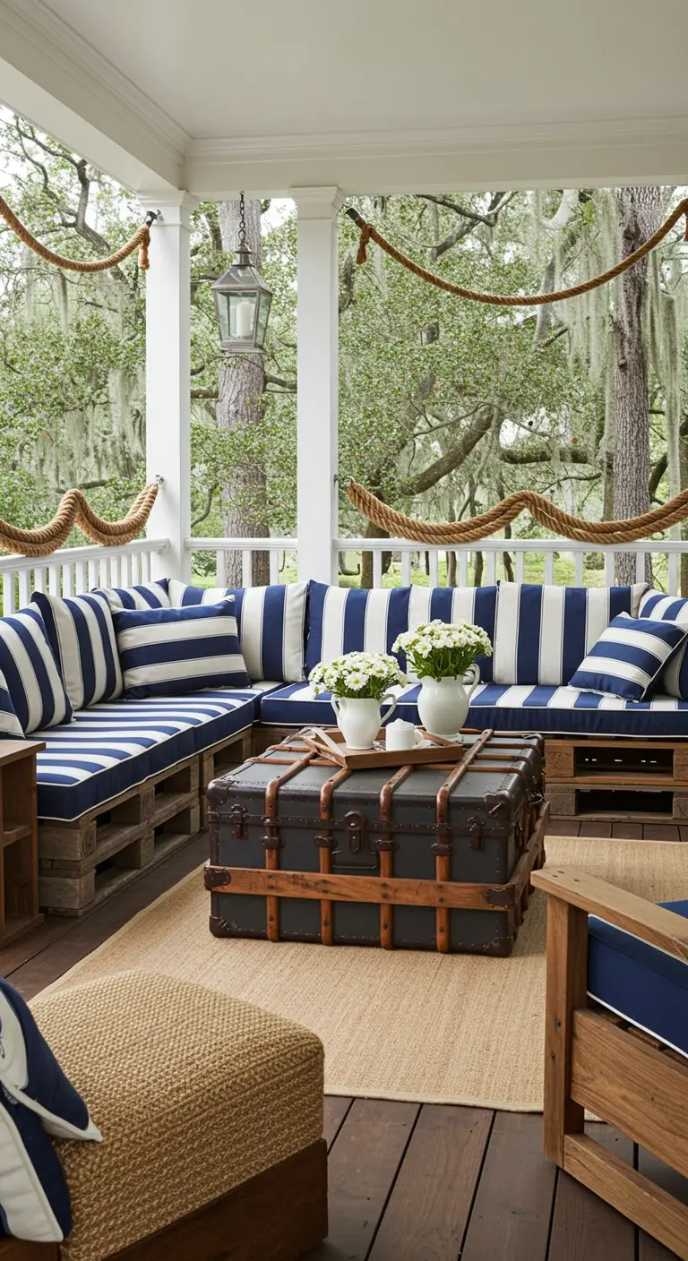 Gran sofá esquinero de palets con cojines de rayas azules y blancas, y decoración de cuerdas gruesas.