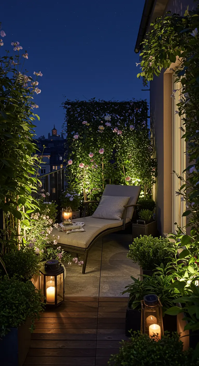 Balcón de noche iluminado con focos y faroles, con una tumbona rodeada de plantas altas.