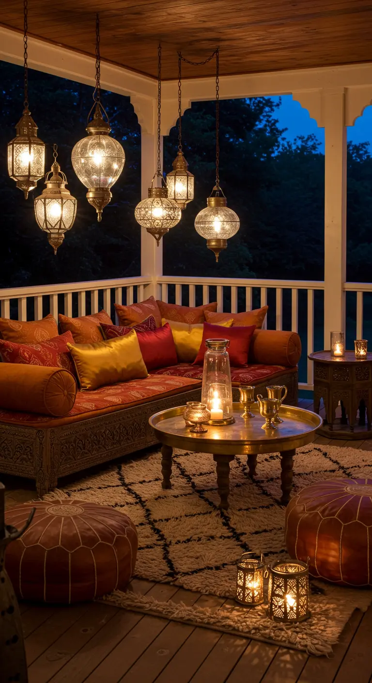 Porche cubierto por la noche con un sofá bajo, pufs de cuero, faroles y cojines en tonos cálidos