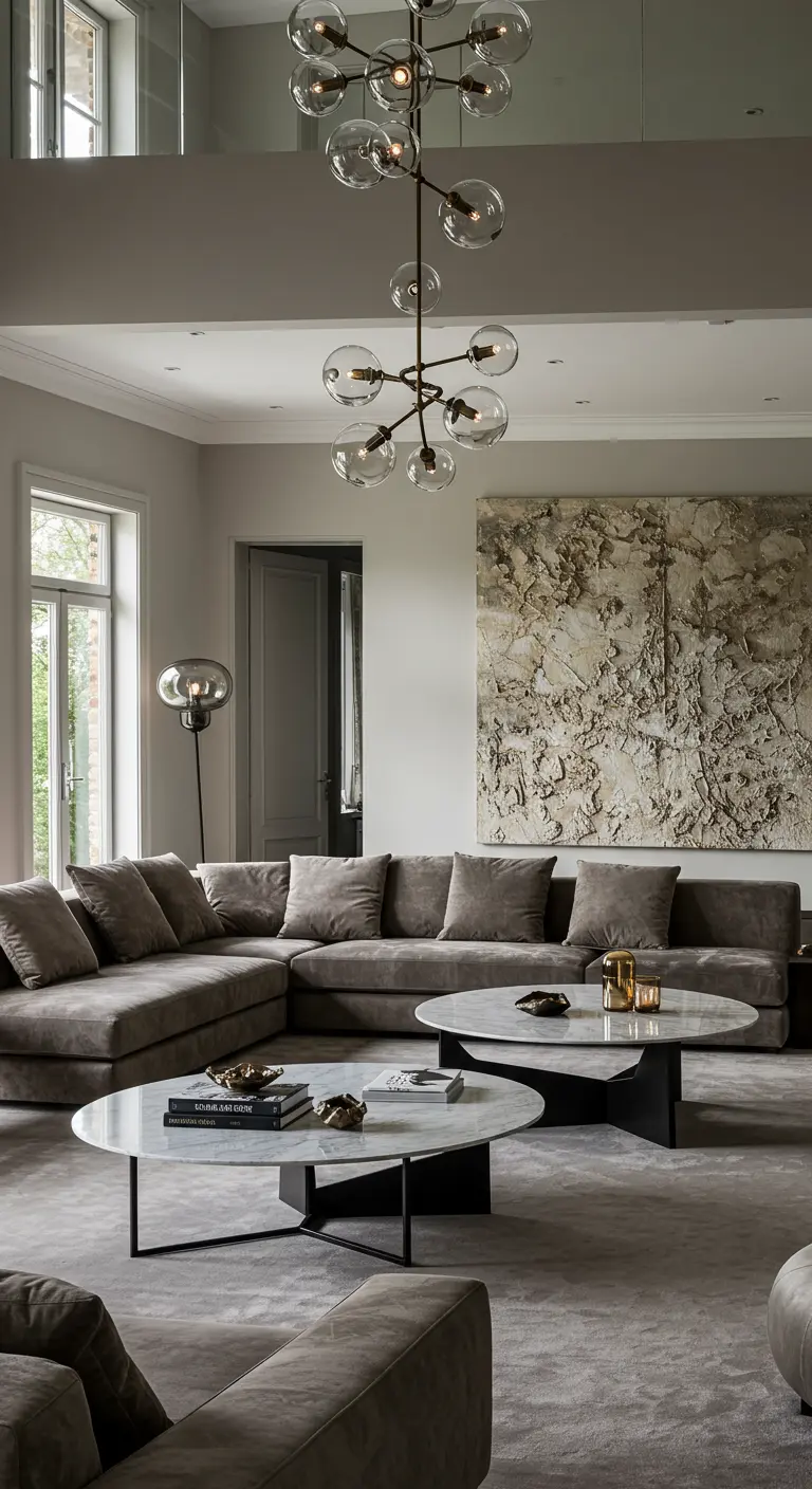Salón contemporáneo con sofá seccional de terciopelo gris, gran obra de arte texturizada y mesas de centro de mármol.