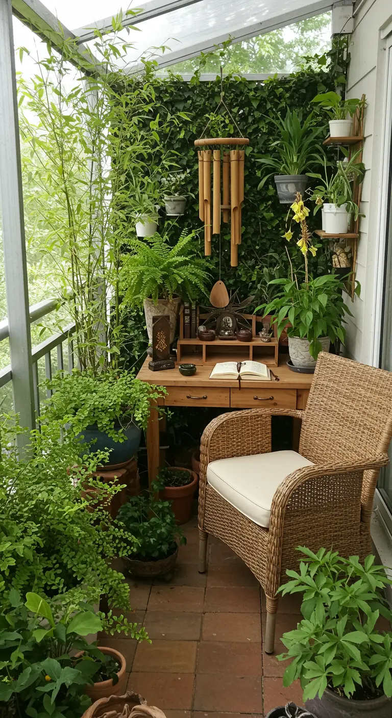 Balcón exuberante lleno de plantas, con un escritorio de madera, silla de mimbre y un carrillón de viento.