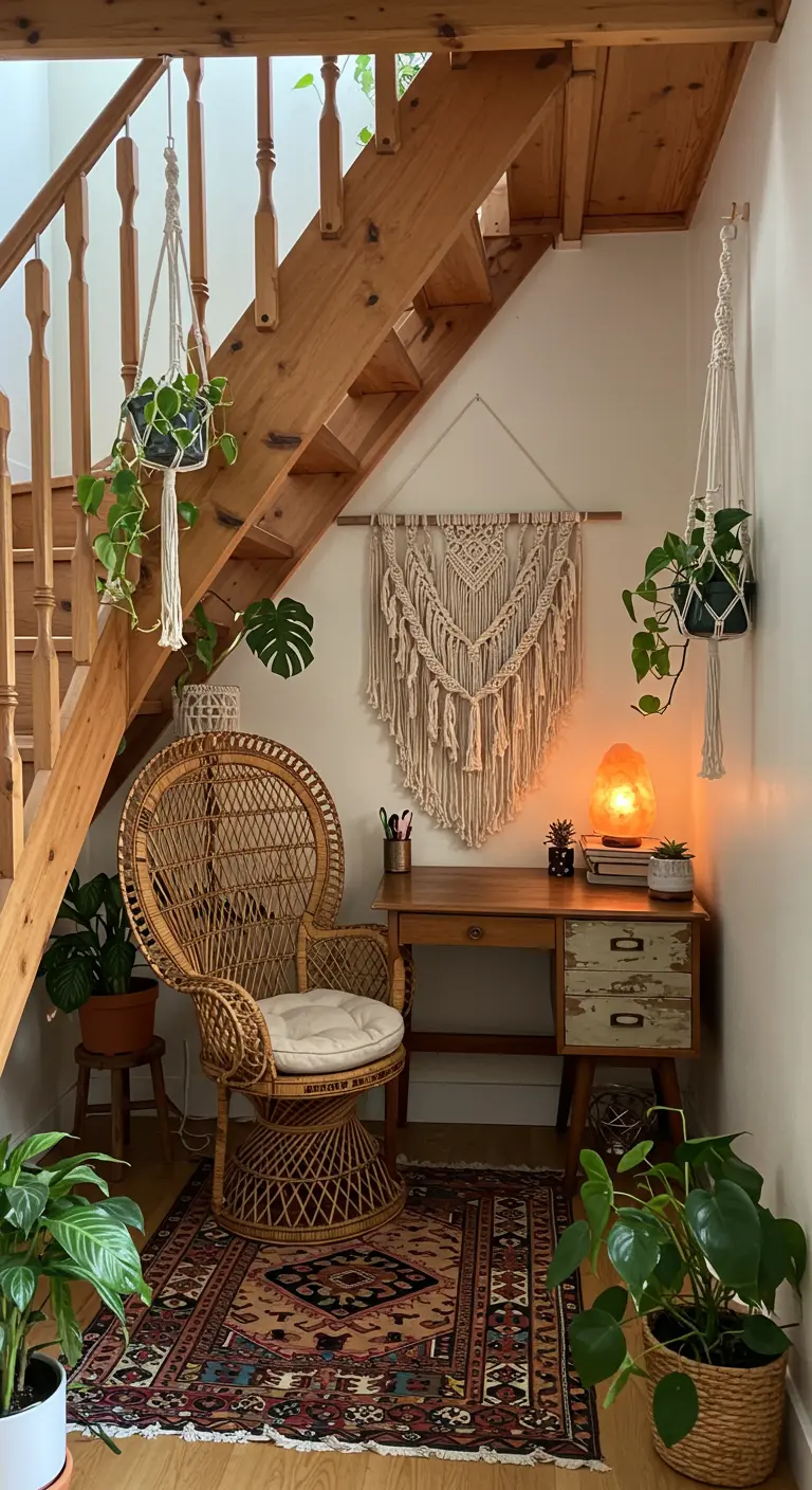 Rincón de trabajo bohemio bajo escalera con silla pavo real, macramé, plantas y lámpara de sal.