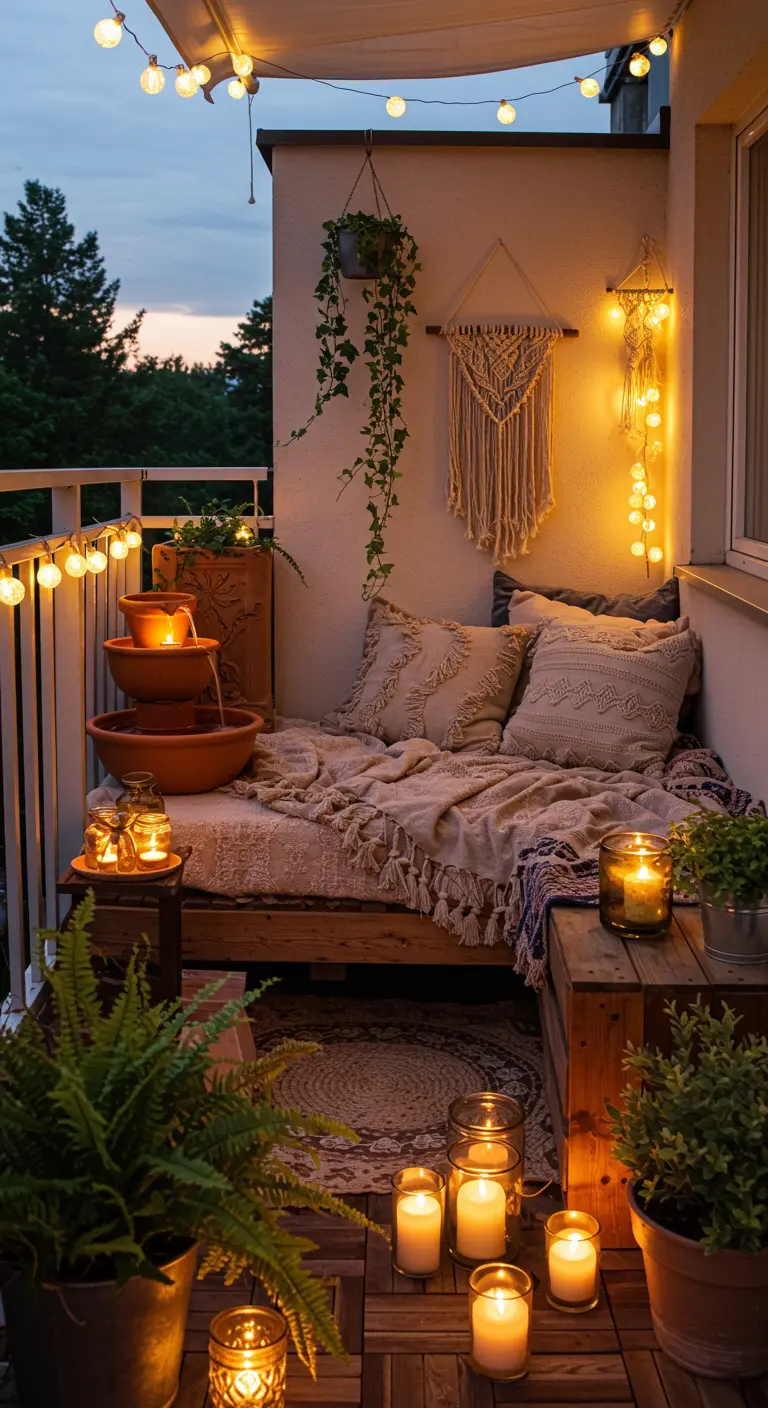 Balcón boho con sofá de palets, fuente de terracota, cojines y luces cálidas al atardecer