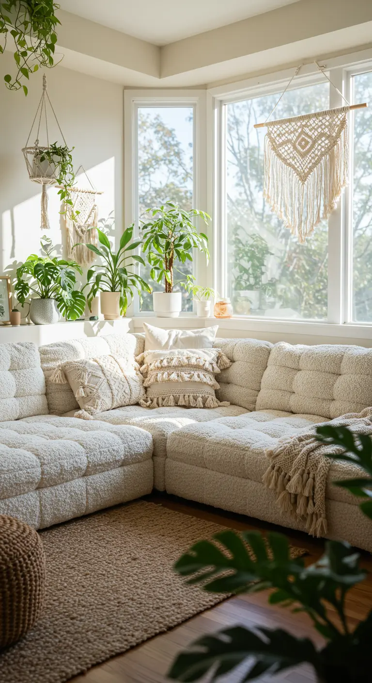 Sofá modular de tela bouclé blanca en un rincón luminoso con plantas y decoración de macramé.