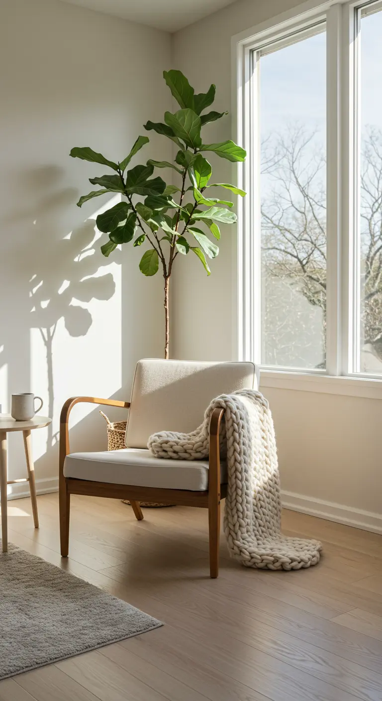 Rincón de lectura nórdico con sillón de madera, manta de punto y una gran planta Ficus Lyrata.