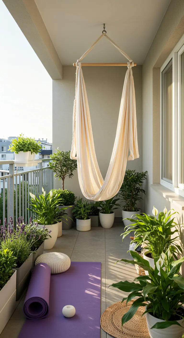 Balcón destinado a la práctica de yoga con una silla colgante de tela, esterilla y plantas de lirio de la paz