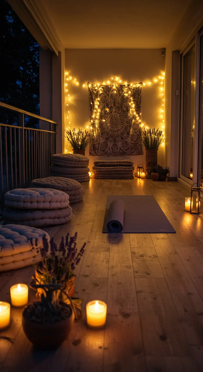 Balcón convertido en un espacio de yoga con cojines en el suelo, un tapiz y cortinas de luces LED
