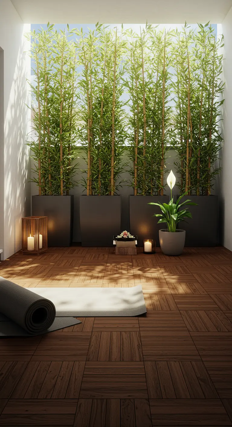 Balcón minimalista para yoga con suelo de madera, una pared de bambú, velas y una esterilla enrollada.