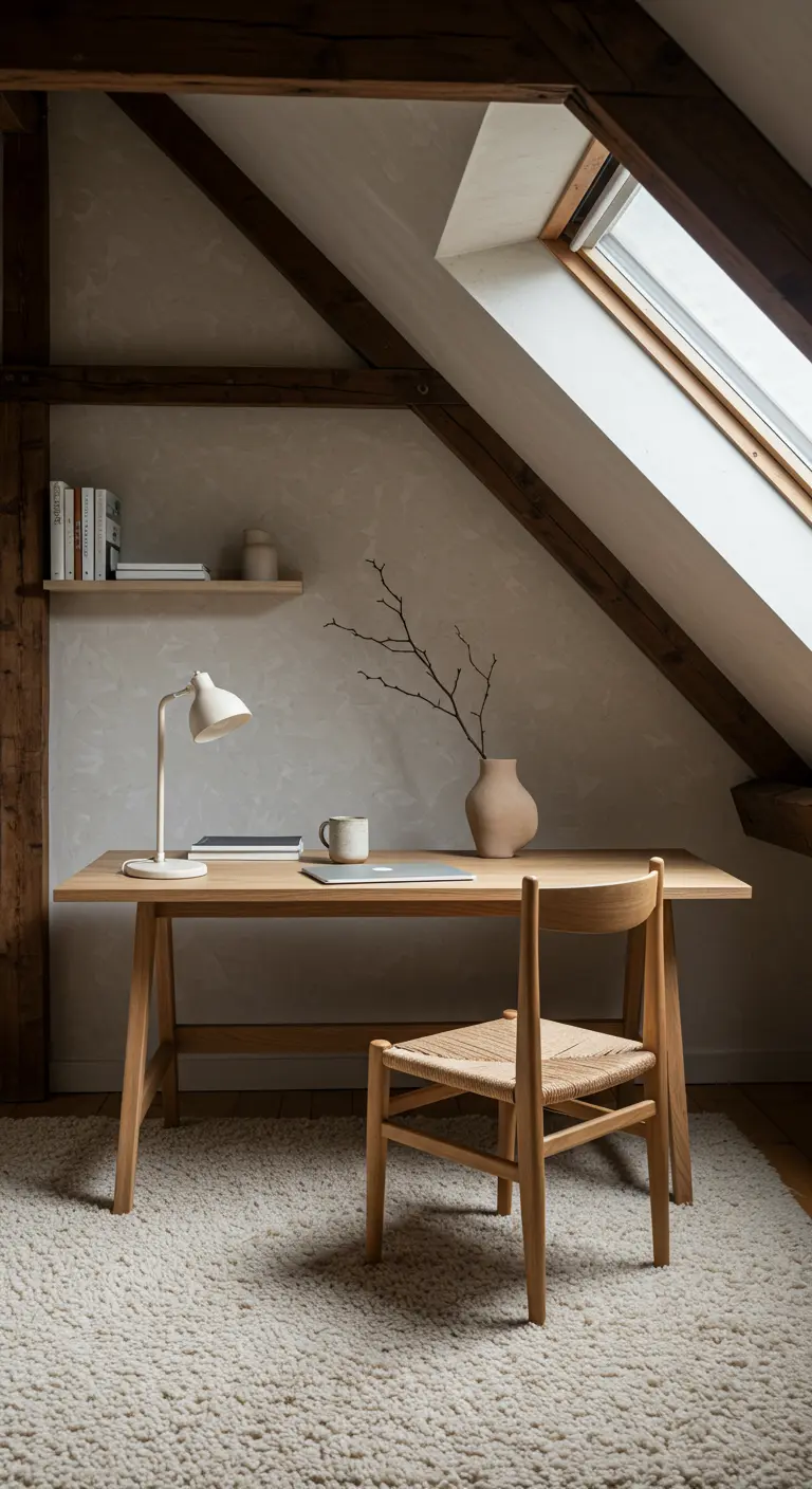 Estudio minimalista en un ático con escritorio de madera y vigas expuestas