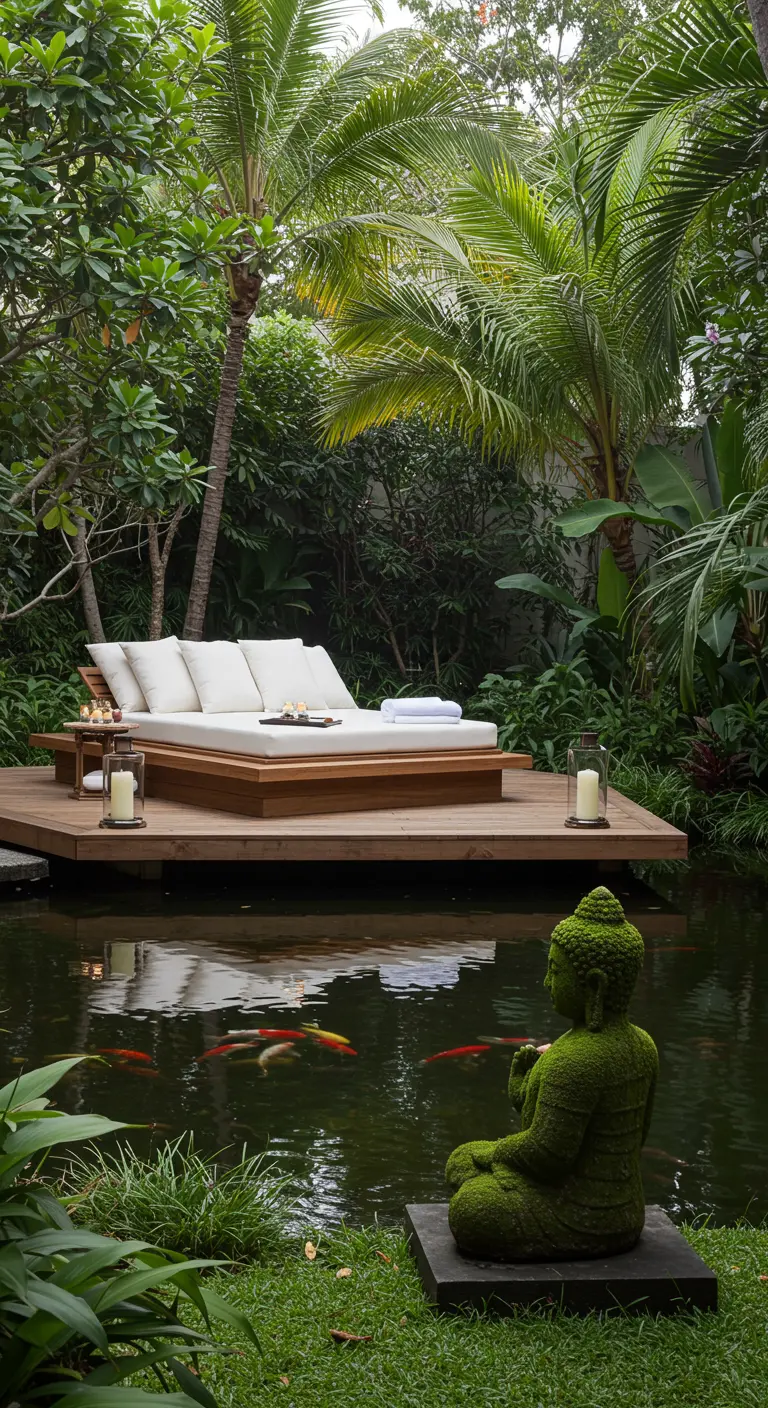 Cama de día de madera sobre un estanque de peces koi con una estatua de Buda de musgo.