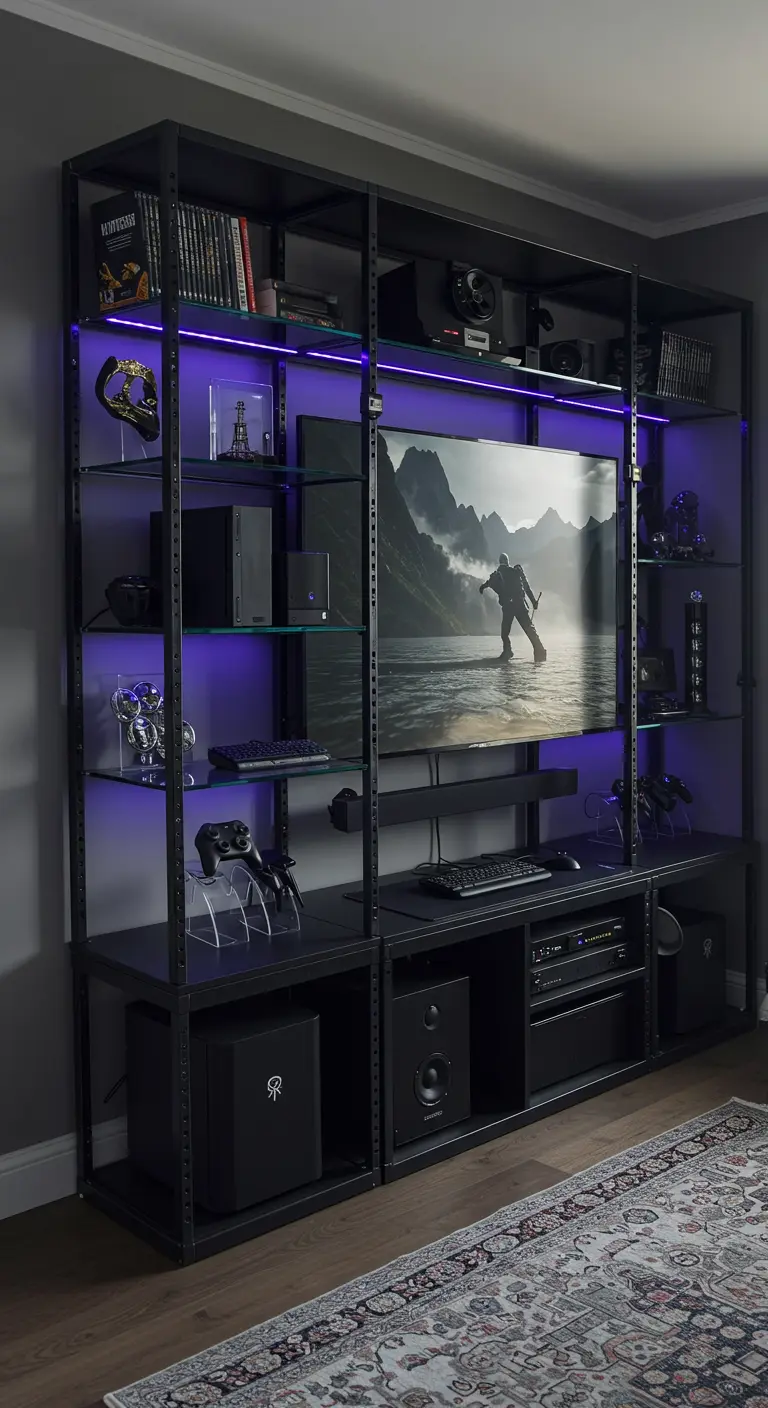 Centro de entretenimiento modular negro para videojuegos con luces LED moradas y consolas.