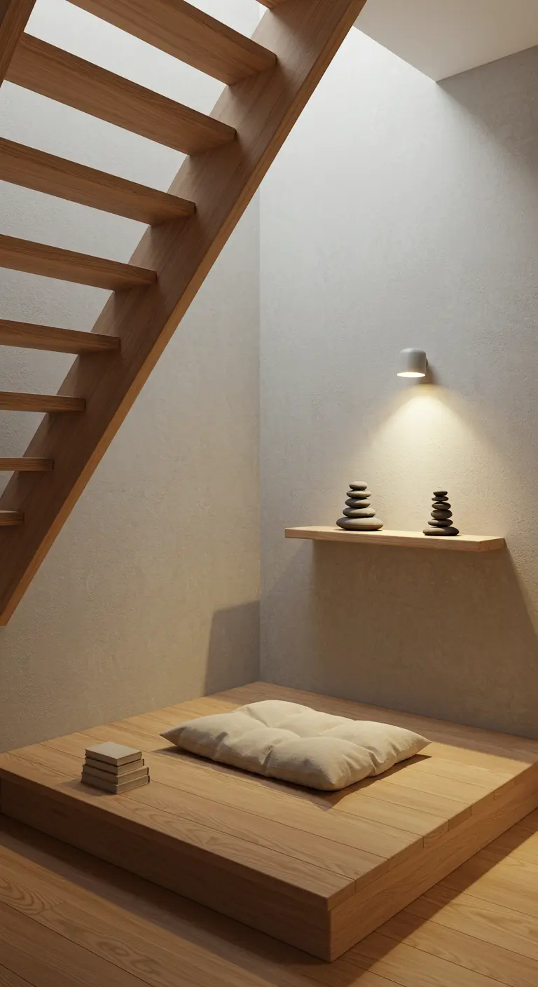 Rincón de meditación minimalista bajo una escalera de madera con tarima y cojín