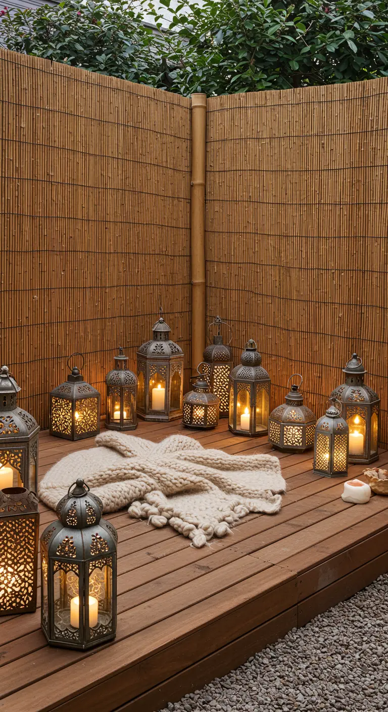 Rincón de meditación con suelo de madera, valla de bambú y una colección de faroles marroquíes.