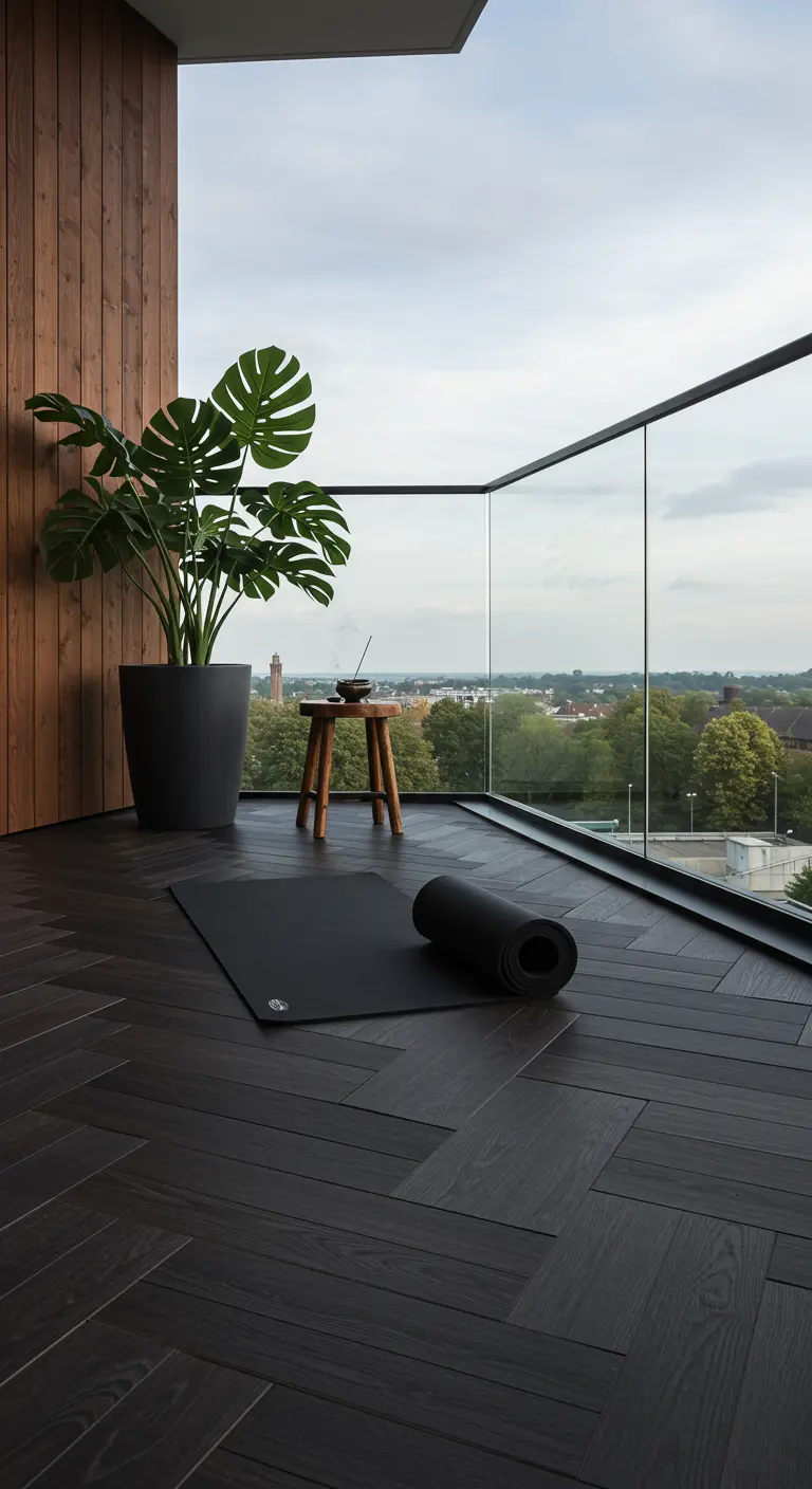 Balcón con suelo de madera oscura, una esterilla de yoga y una gran planta Monstera
