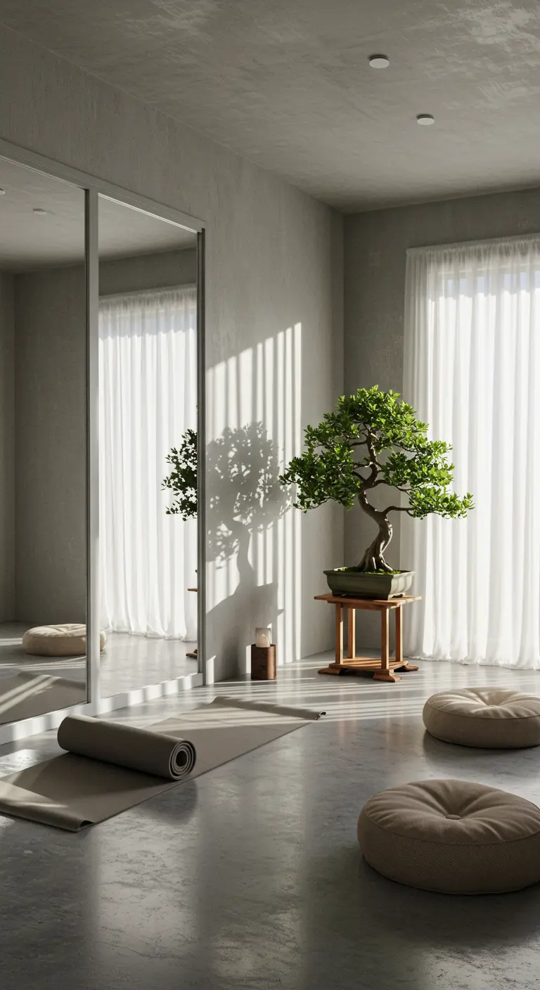 Espacio minimalista para yoga o meditación con un bonsái, espejos y cojines de suelo.