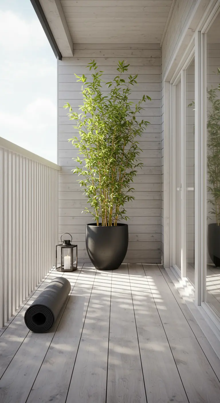 Balcón de madera clara con una esterilla de yoga y una gran planta de bambú en una maceta negra.