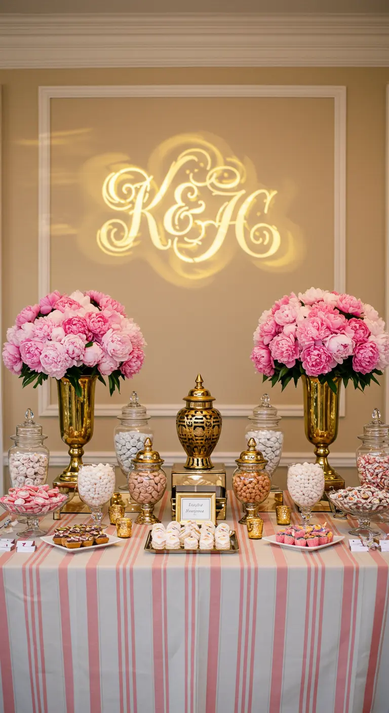 Candy bar con las iniciales de los novios proyectadas en la pared y grandes arreglos de peonías.