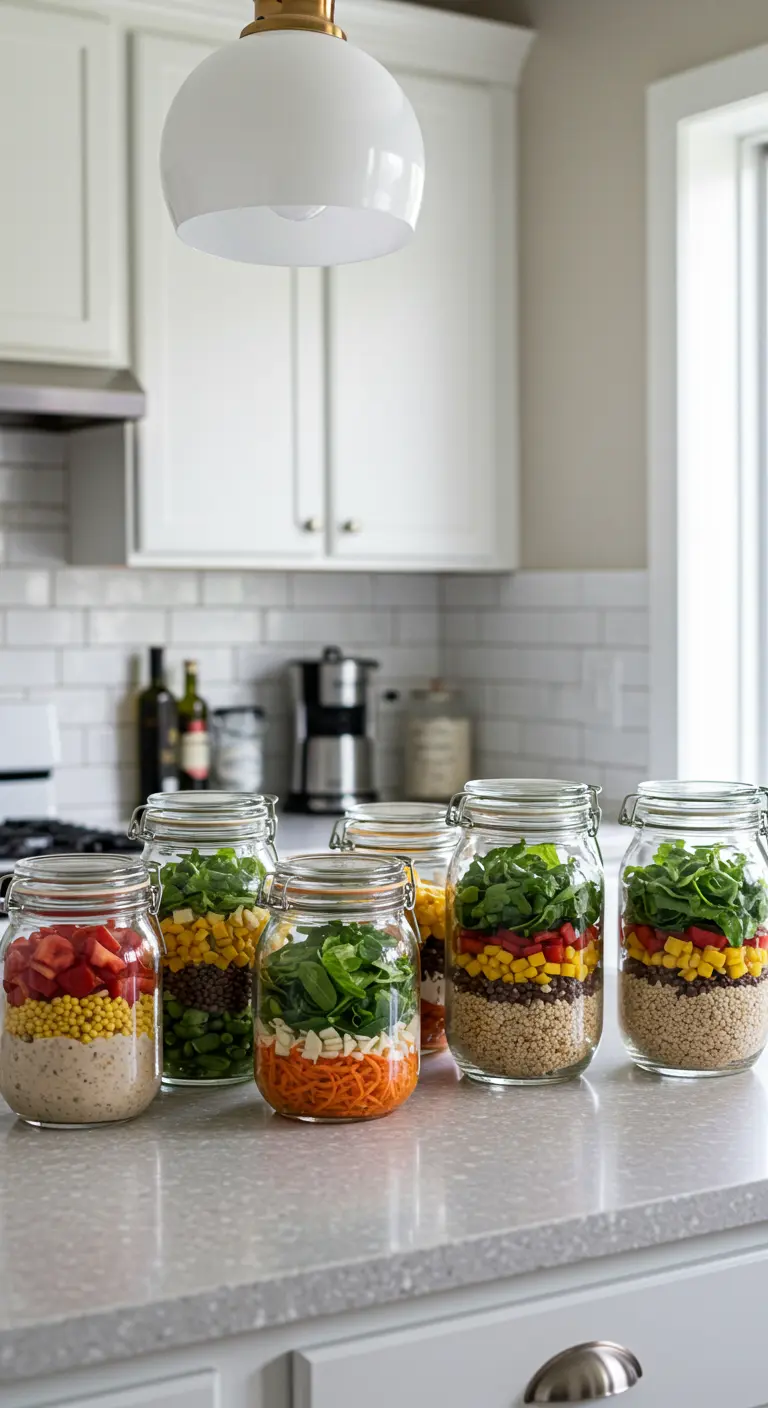 Varios frascos de vidrio en una encimera de cocina, llenos de ensaladas en capas de colores vivos.