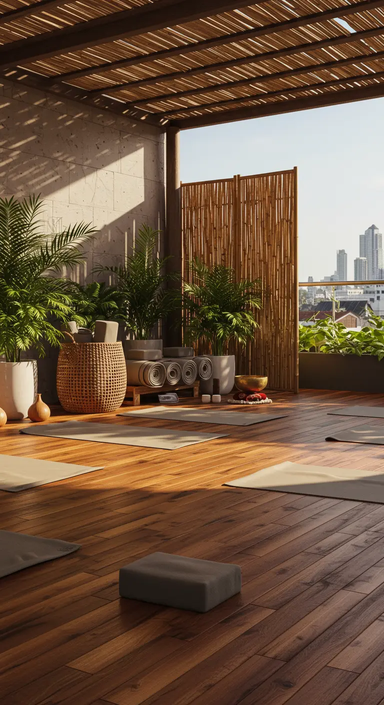 Terraza de madera convertida en estudio de yoga con esterillas y plantas.
