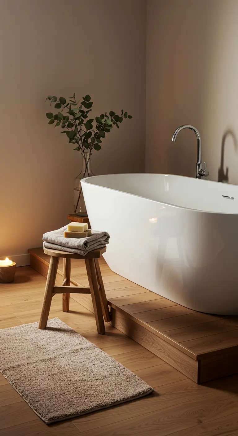 Baño de estilo spa con bañera exenta, taburete de madera y una vela encendida