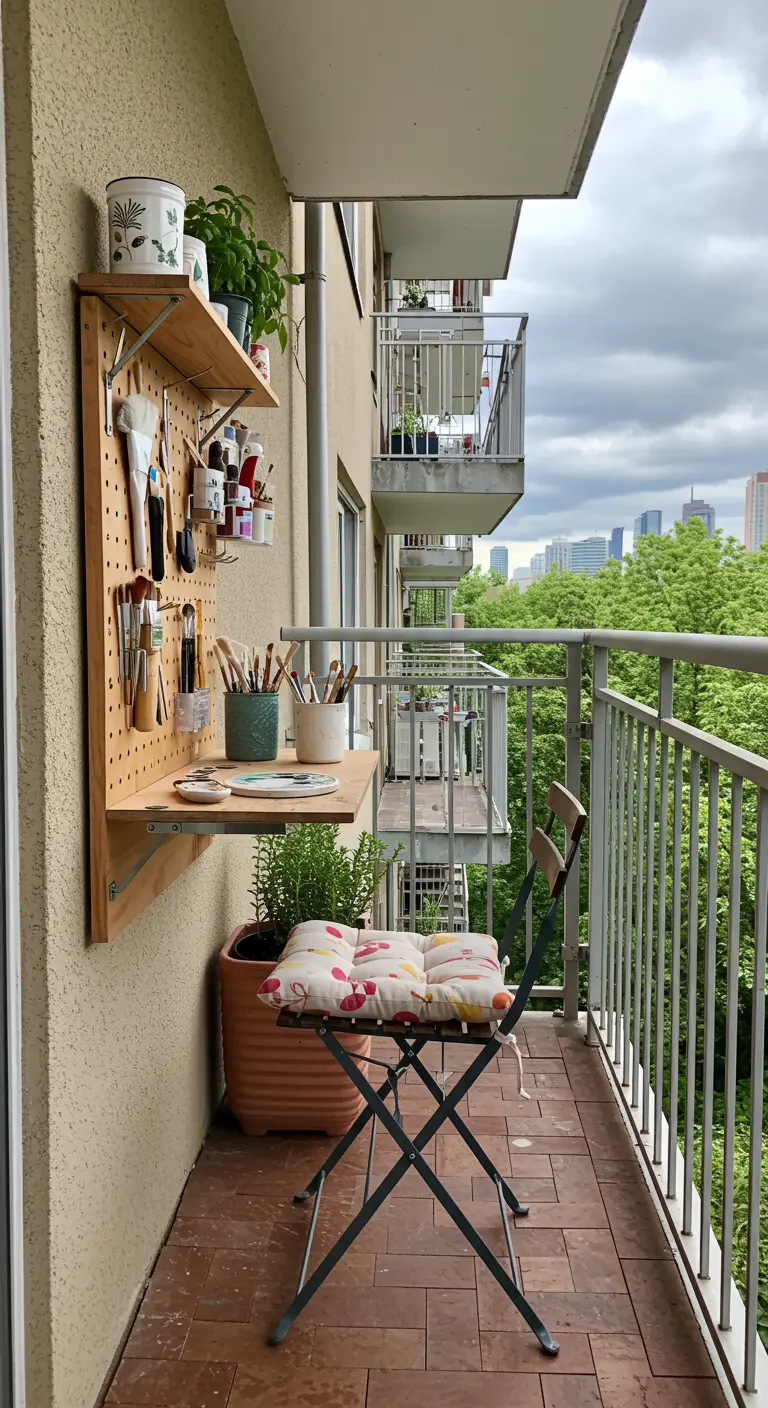 Pequeño balcón convertido en rincón de pintura con escritorio plegable y pegboard.