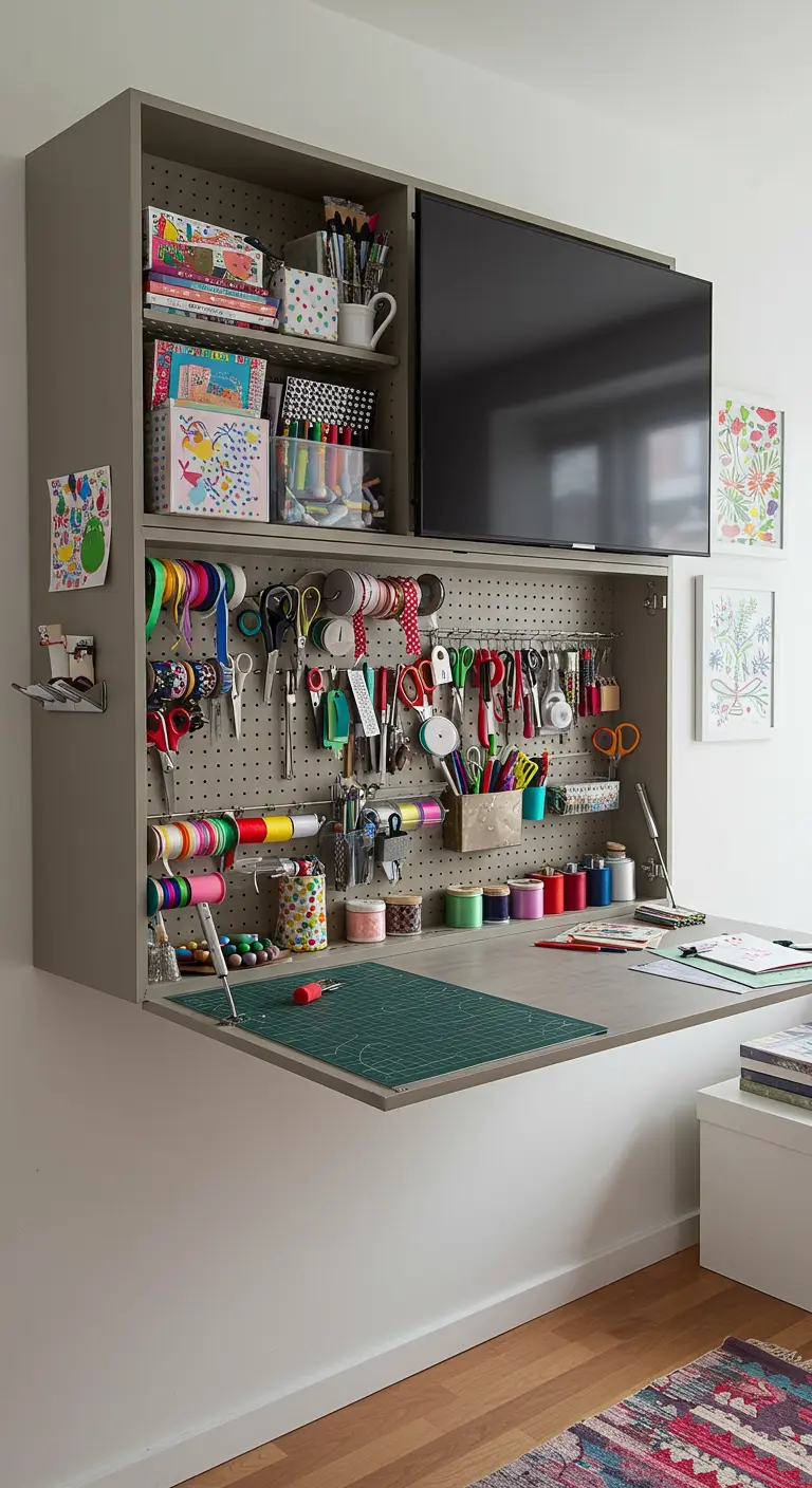 Armario de pared que se abre como estación de manualidades con panel perforado y mesa abatible.