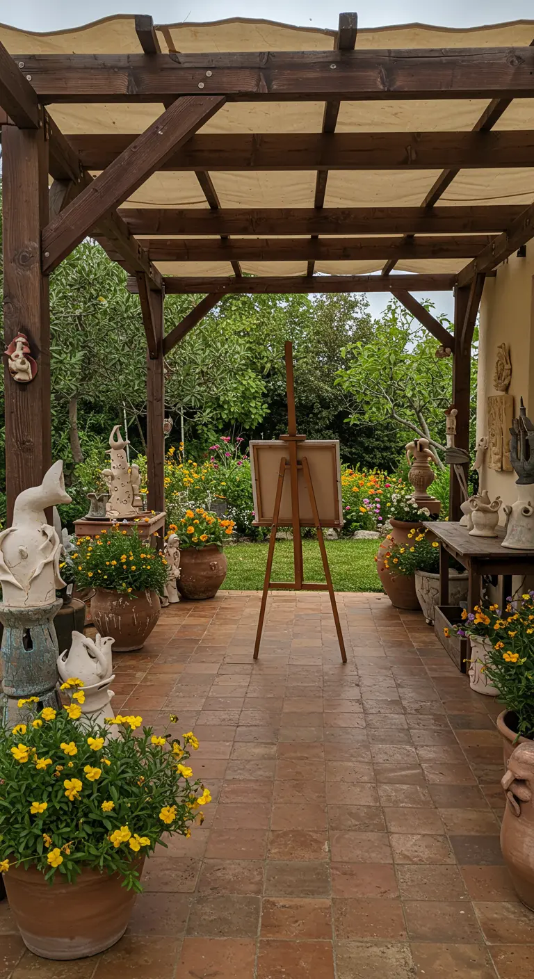 Un porche bajo una pérgola convertido en estudio de artista, lleno de esculturas y macetas.