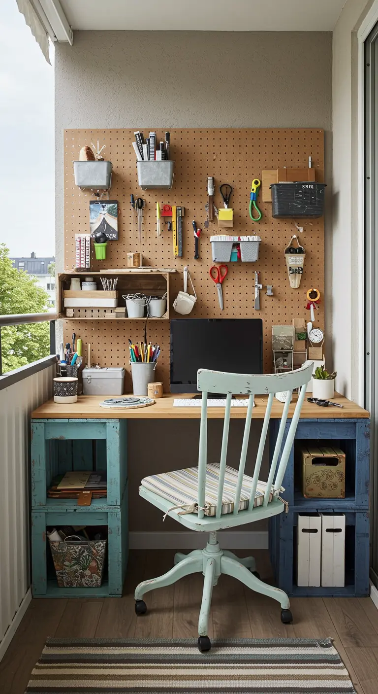 Escritorio DIY hecho con cajas de madera y un gran panel de herramientas en la pared