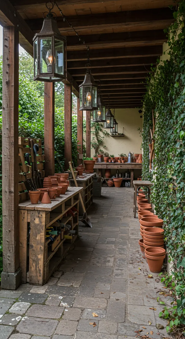 Zona de trabajo de jardinería en un porche rústico con mesas de madera y faroles colgantes