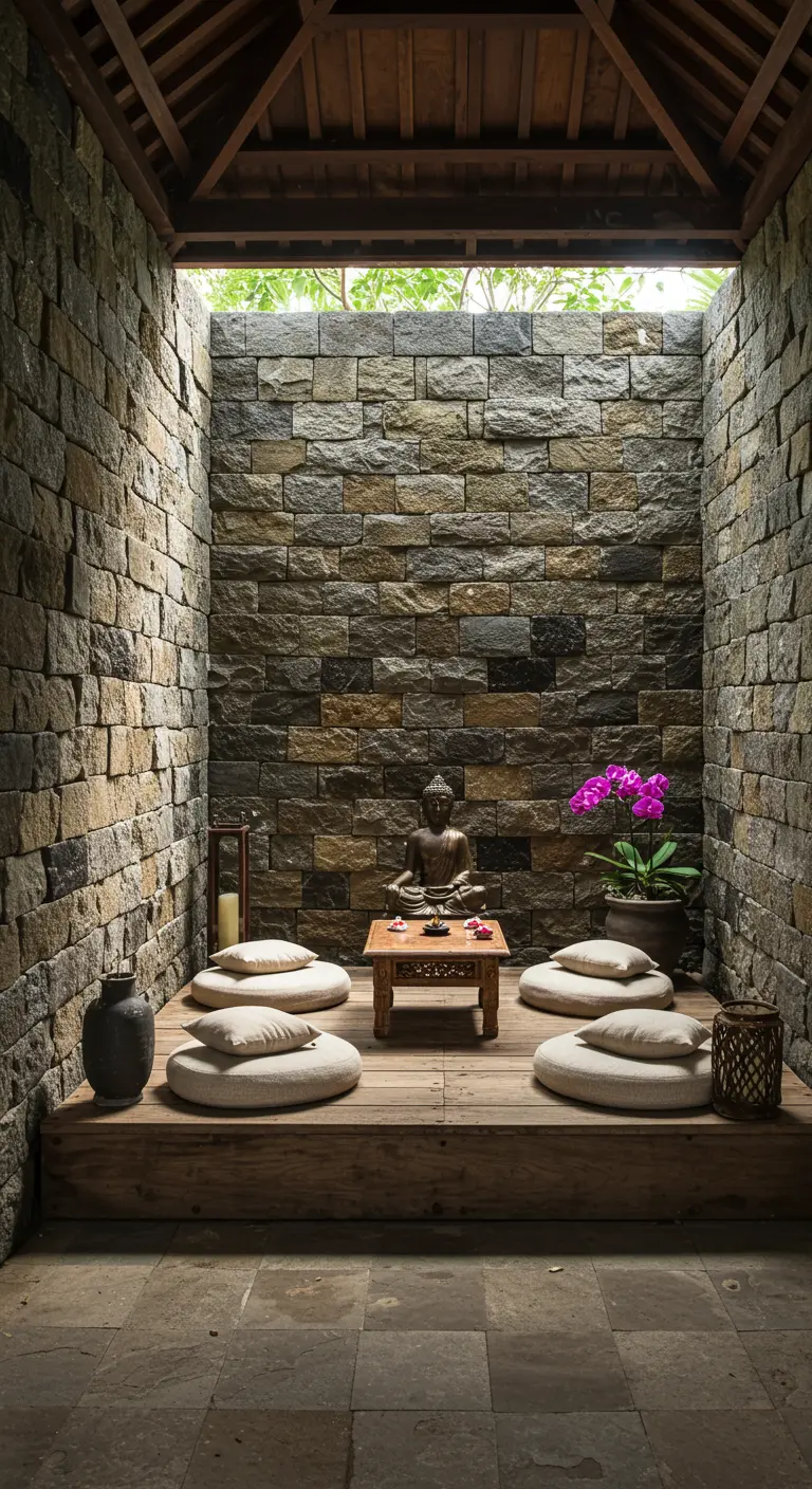 Rincón de meditación con paredes de piedra, cojines en el suelo y una estatua de Buda.