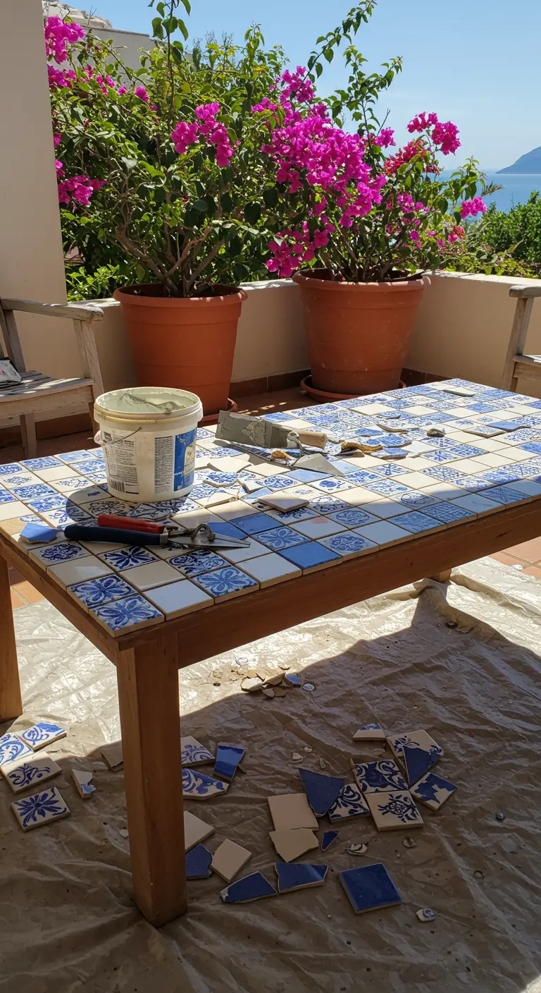 Mesa de madera en proceso de ser cubierta con mosaico de azulejos rotos azules y blancos.
