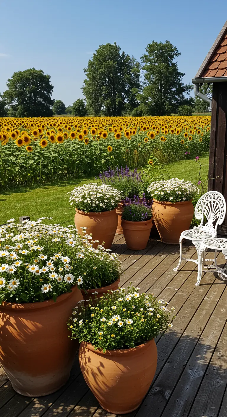 Terraza de madera con macetas de terracota llenas de margaritas y lavanda, con un campo de girasoles al fondo.