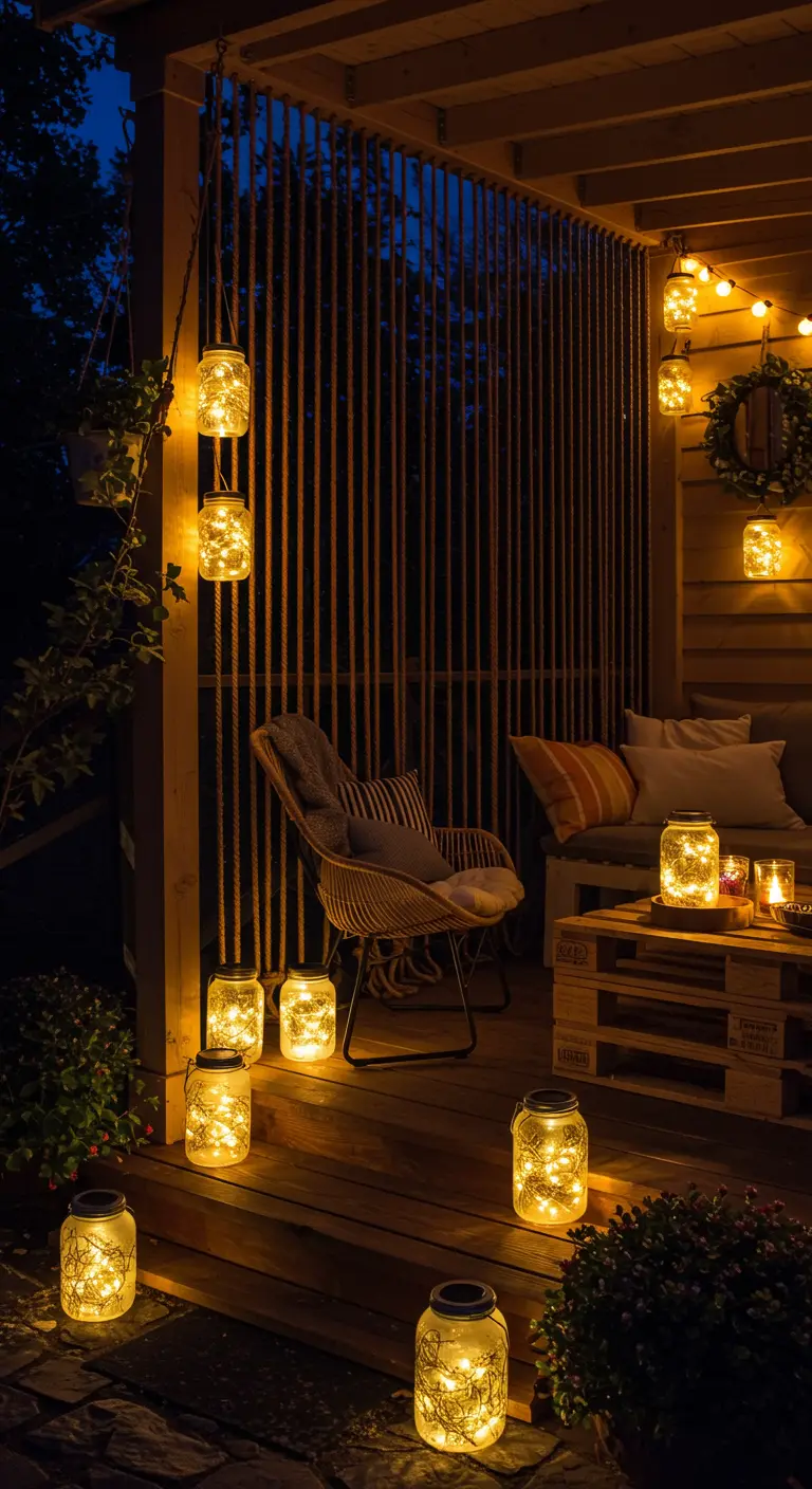 Terraza de madera por la noche, iluminada con luces en frascos, con un sofá de palets y una pared de cuerdas.