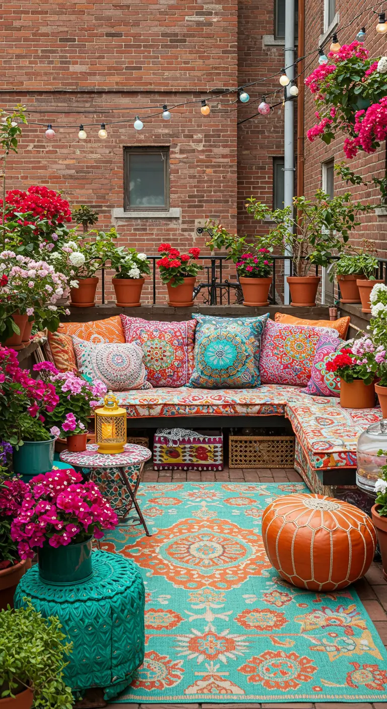 Patio bohemio con un banco lleno de cojines de colores, muchas flores y una alfombra turquesa