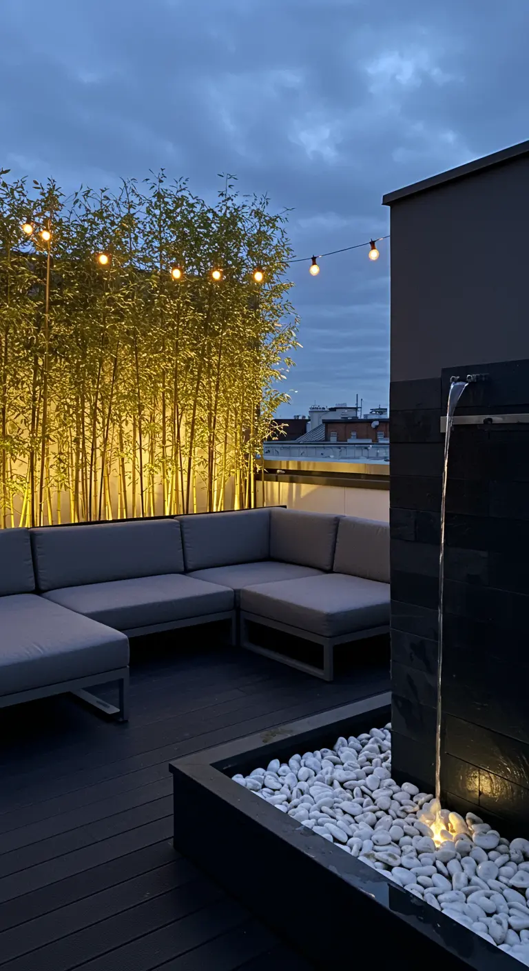 Terraza moderna con sofá gris, pared de bambú iluminada y una fuente de agua con piedras blancas.