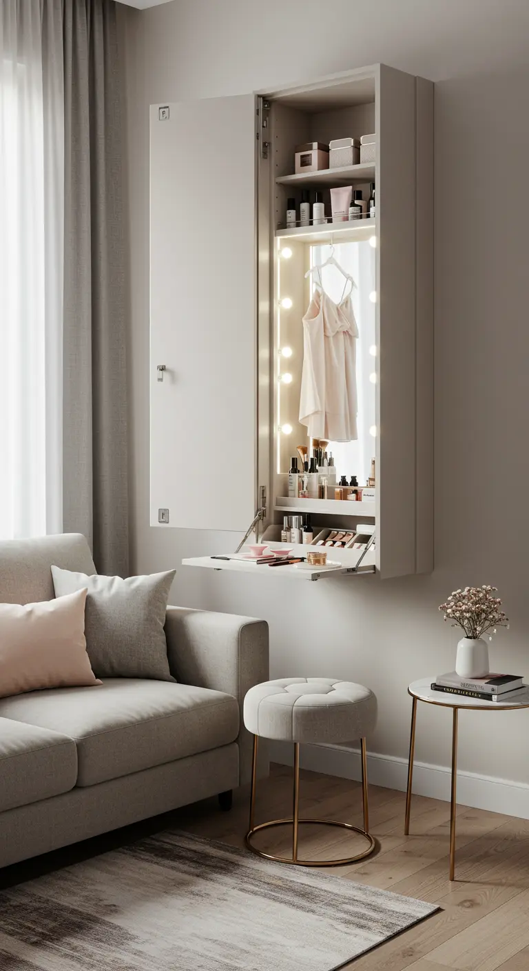 Armario de pared blanco que se abre para revelar un tocador con espejo iluminado y estantes.