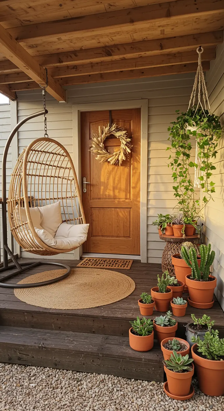 Porche boho con silla colgante de ratán, alfombra de yute y macetas de terracota con cactus.