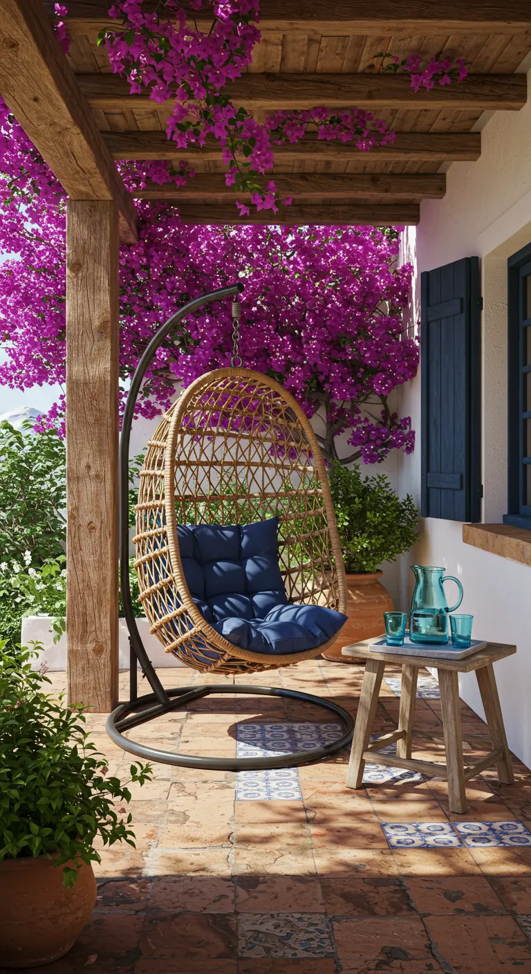 Porche rústico con silla colgante de mimbre, cojín azul y buganvillas en flor.