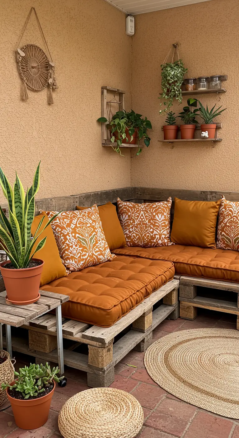 Sofá esquinero hecho con palets y cojines de color ocre en un patio de estilo boho.