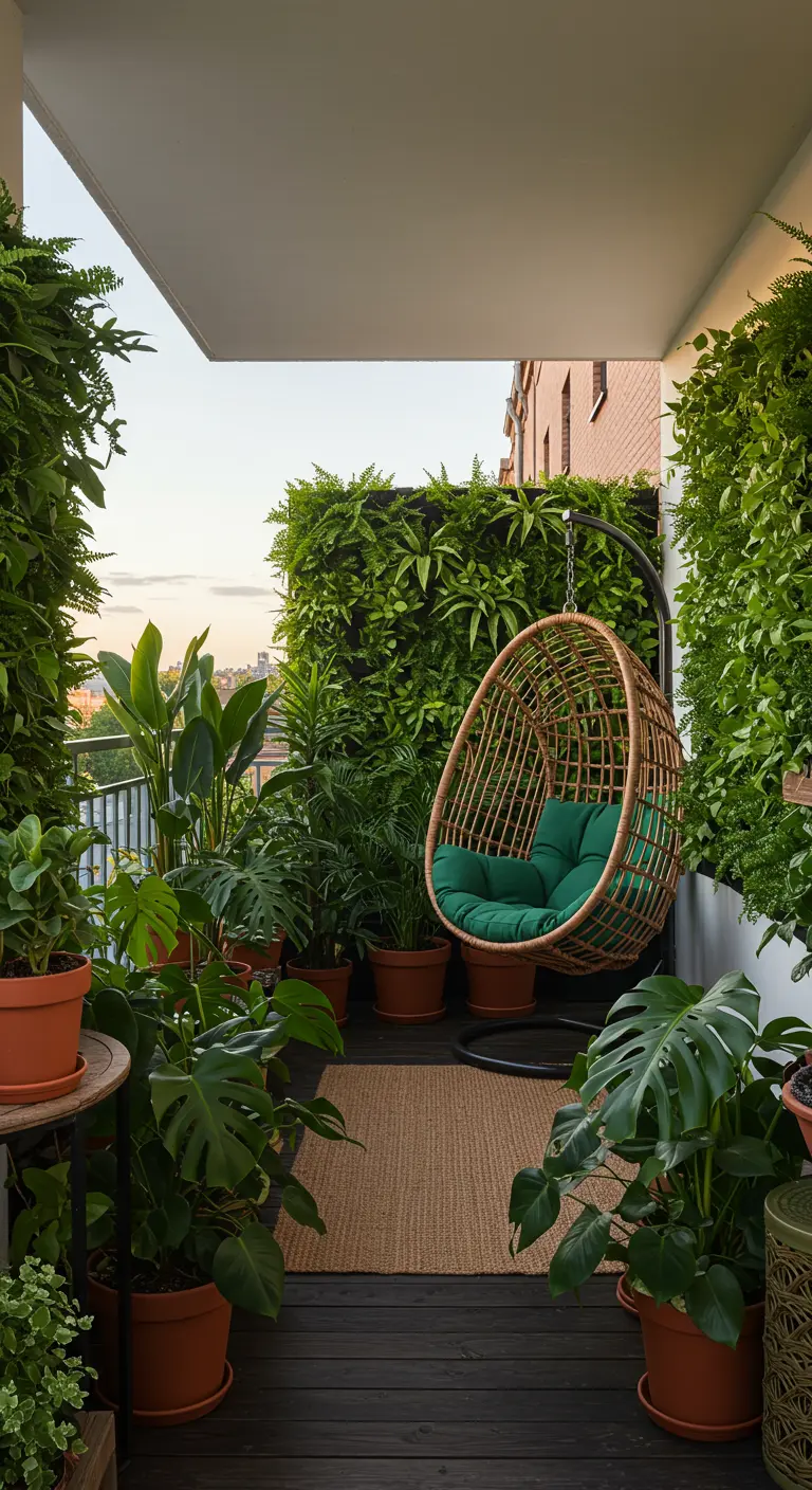 Balcón exuberante con paredes verdes, silla colgante de ratán y muchas plantas en macetas de terracota.