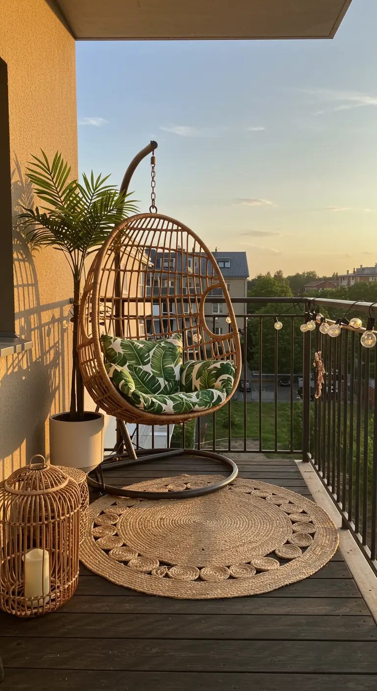 Balcón acogedor al atardecer con silla colgante, palmera y alfombra de yute