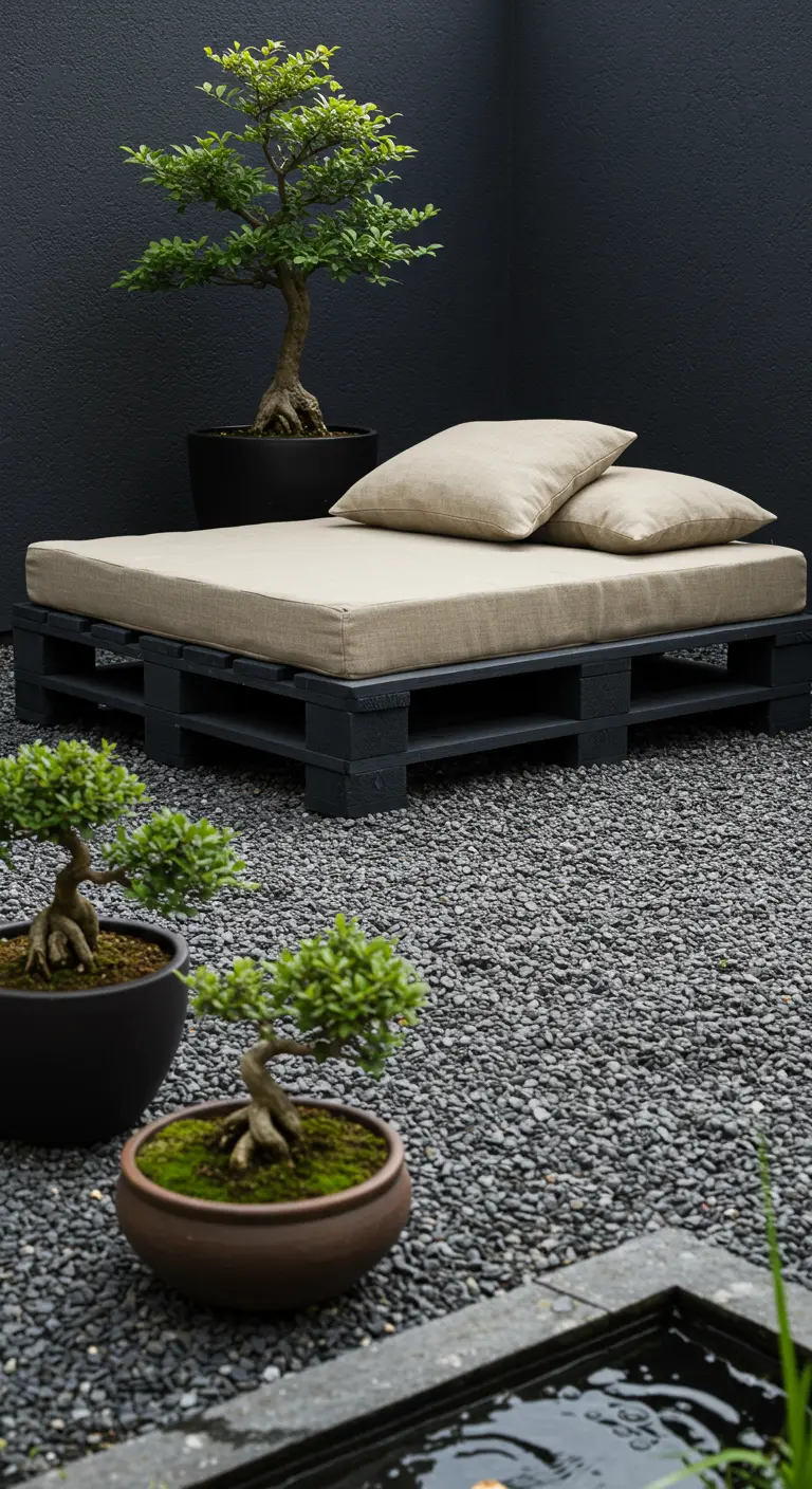 Tumbona de palet gris oscuro con cojín beige en un jardín zen con bonsáis.