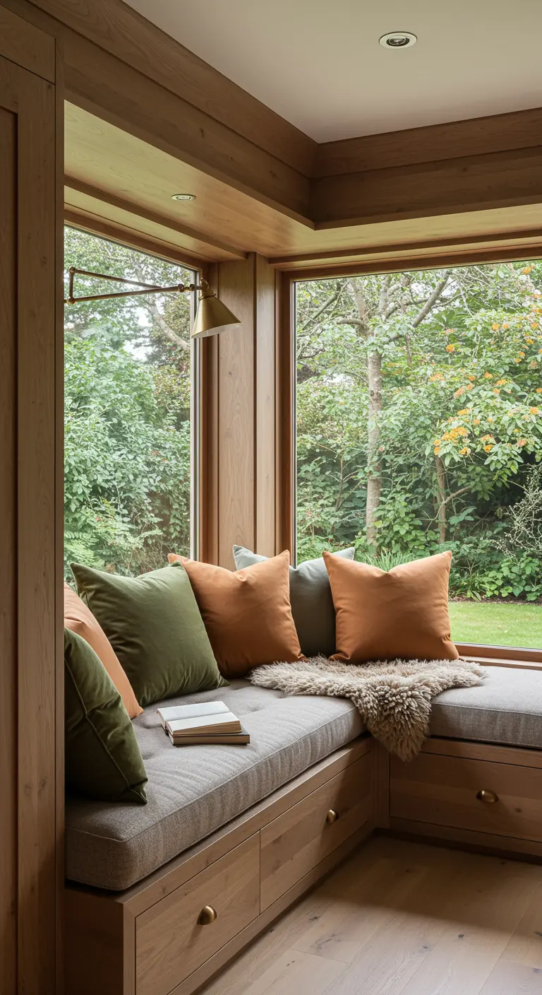 Asiento de ventana de madera con cojines en tonos verdes y naranjas y vistas al jardín.