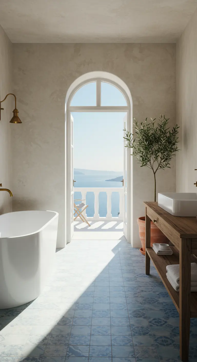 Baño mediterráneo con paredes de estuco, suelo de azulejos azules y puerta en arco con vistas al mar