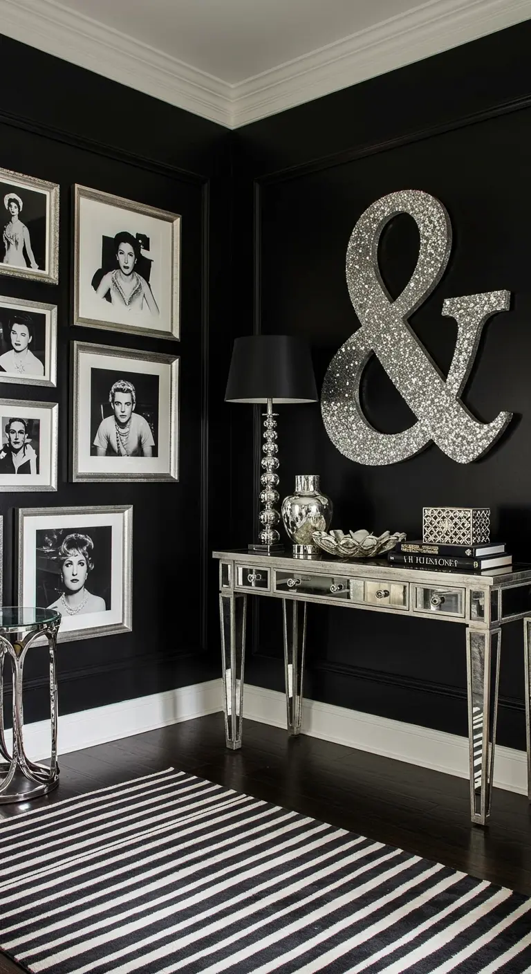 Recibidor glamuroso con paredes negras, una gran letra ampersand de brillantes y muebles de espejo.