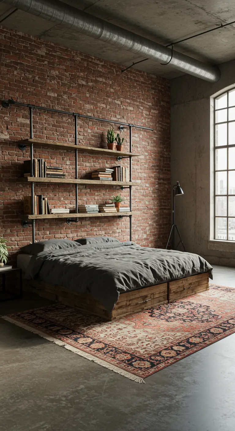 Dormitorio industrial con pared de ladrillo y estantería de tuberías sobre la cama.