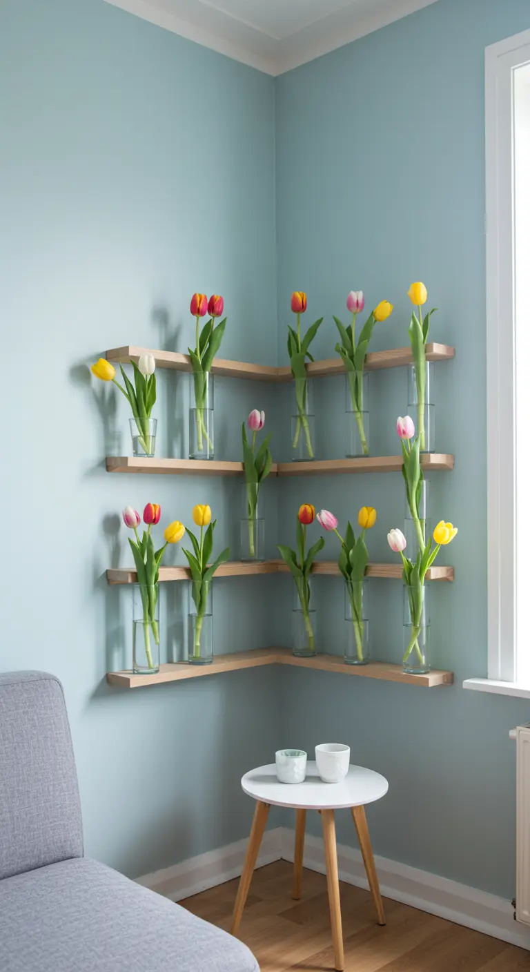 Estantes de esquina de madera con tulipanes individuales en jarrones de cristal en una pared azul.