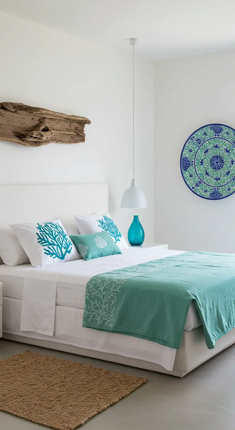 Dormitorio minimalista blanco con cojines bordados en turquesa y un plato de cerámica en la pared.